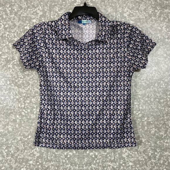 Mardi Gras Vintage Blue Diamond Patterned Collared Baby Tee - Size S/M - Cropped - Picture 1 of 6